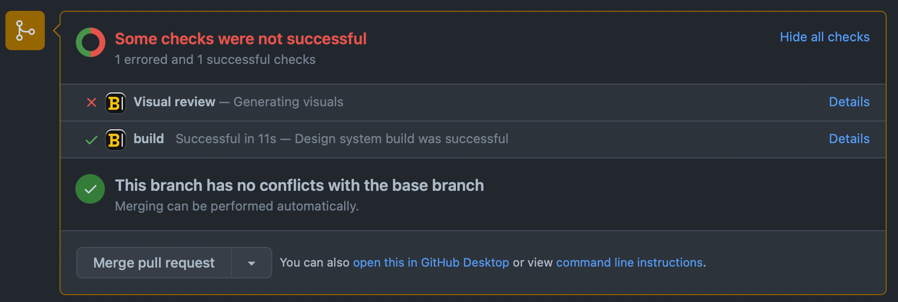 Github build window showing steps of build succeed and visual check failed