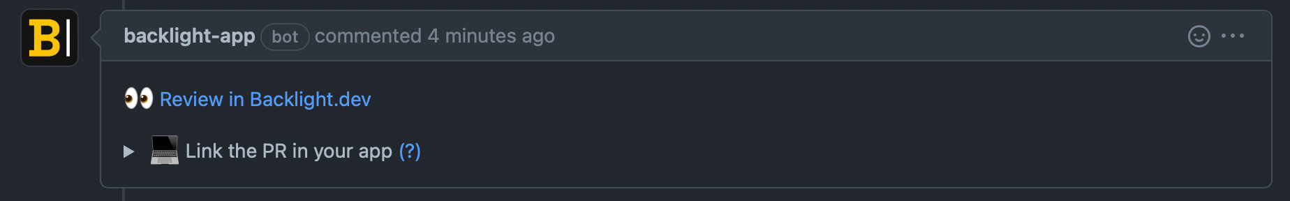 comment inside pull request view in github with a link to backlight authored by the backlight application with the backlight icon