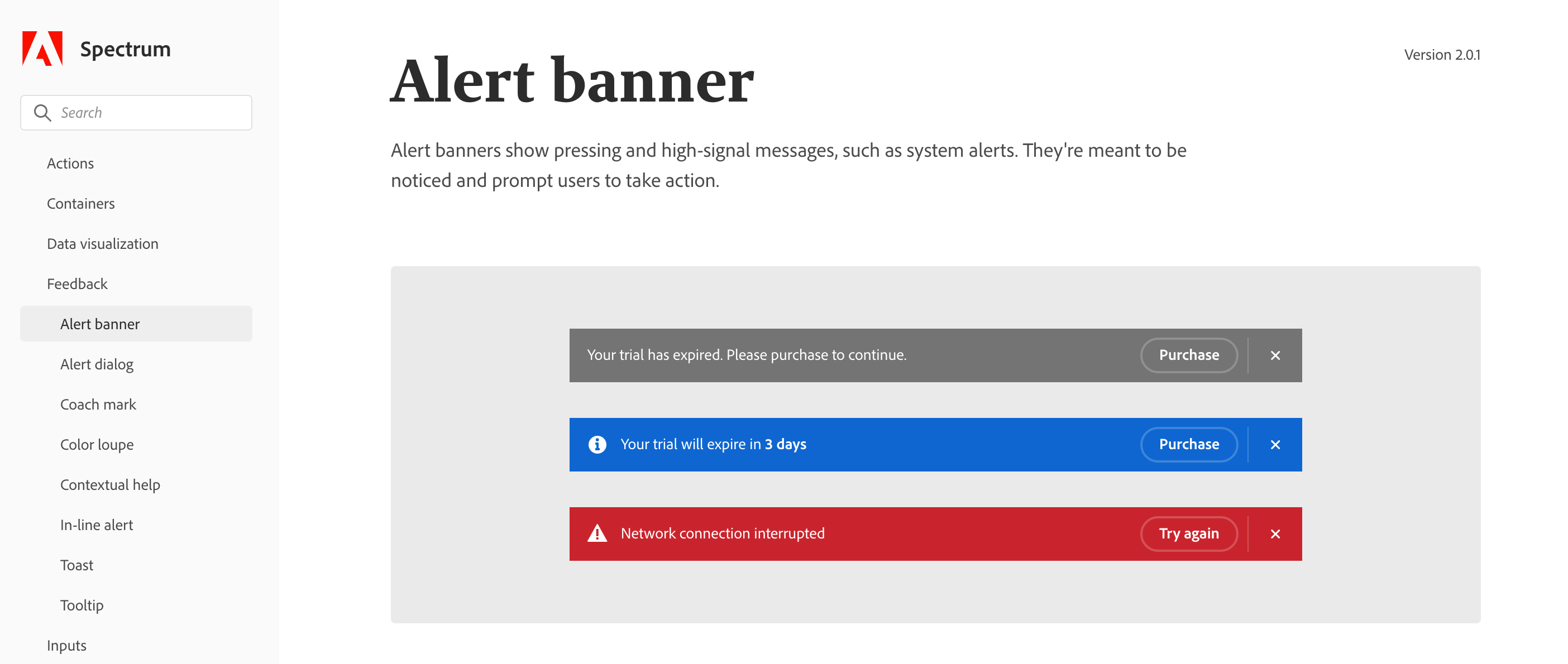 Screenshot of Adobe’s design system, showing realistic copy within the preview of their alert banner.