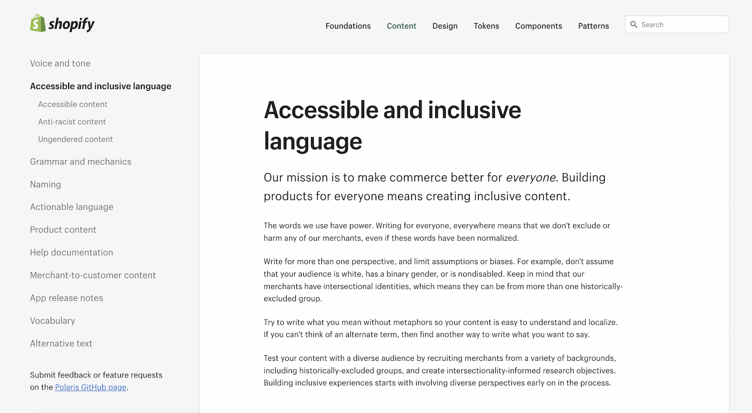 Screenshot of the ‘Accessible and inclusive language guide’ in Shopify’s design system, Polaris.