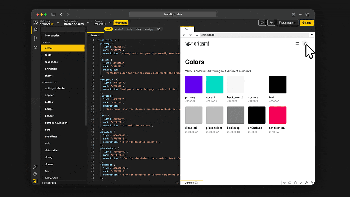 Switching the color tokens from Light to Dark in backlight.dev