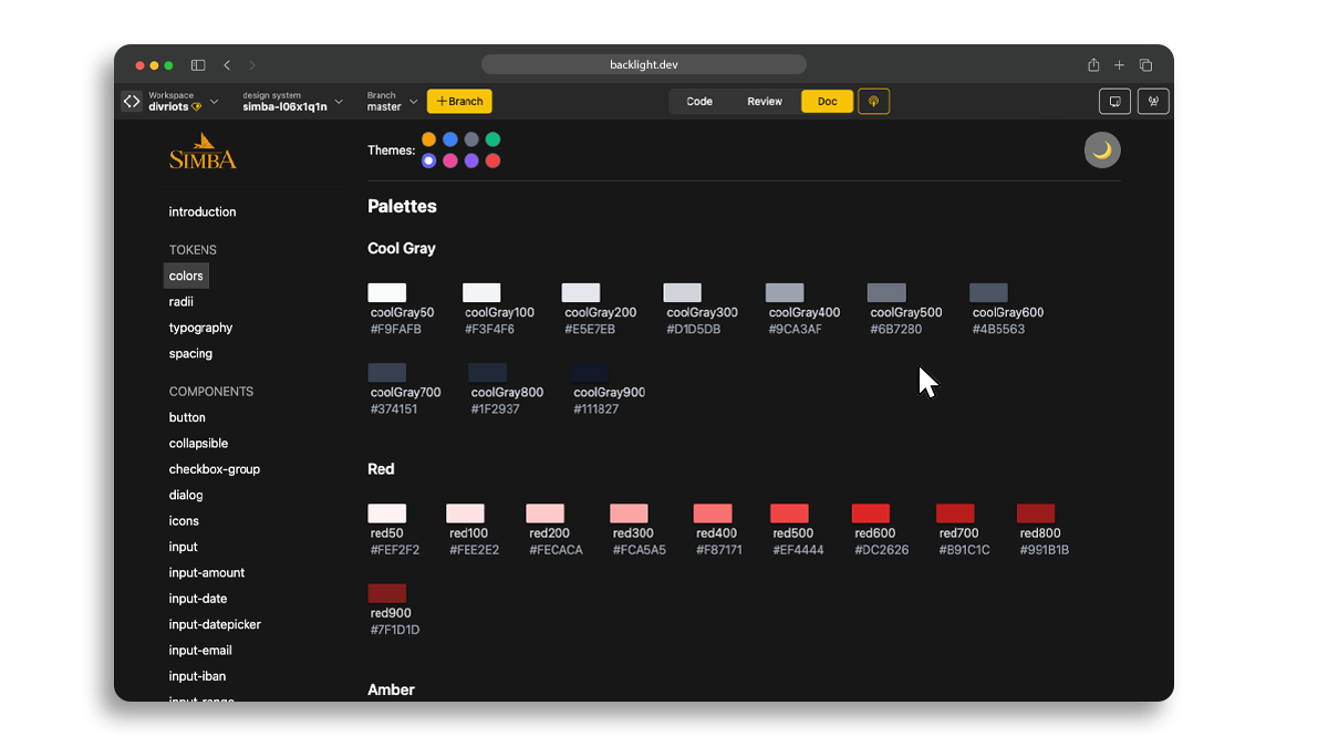 Screenshot of the design tokens from Simba in the Backlight interface