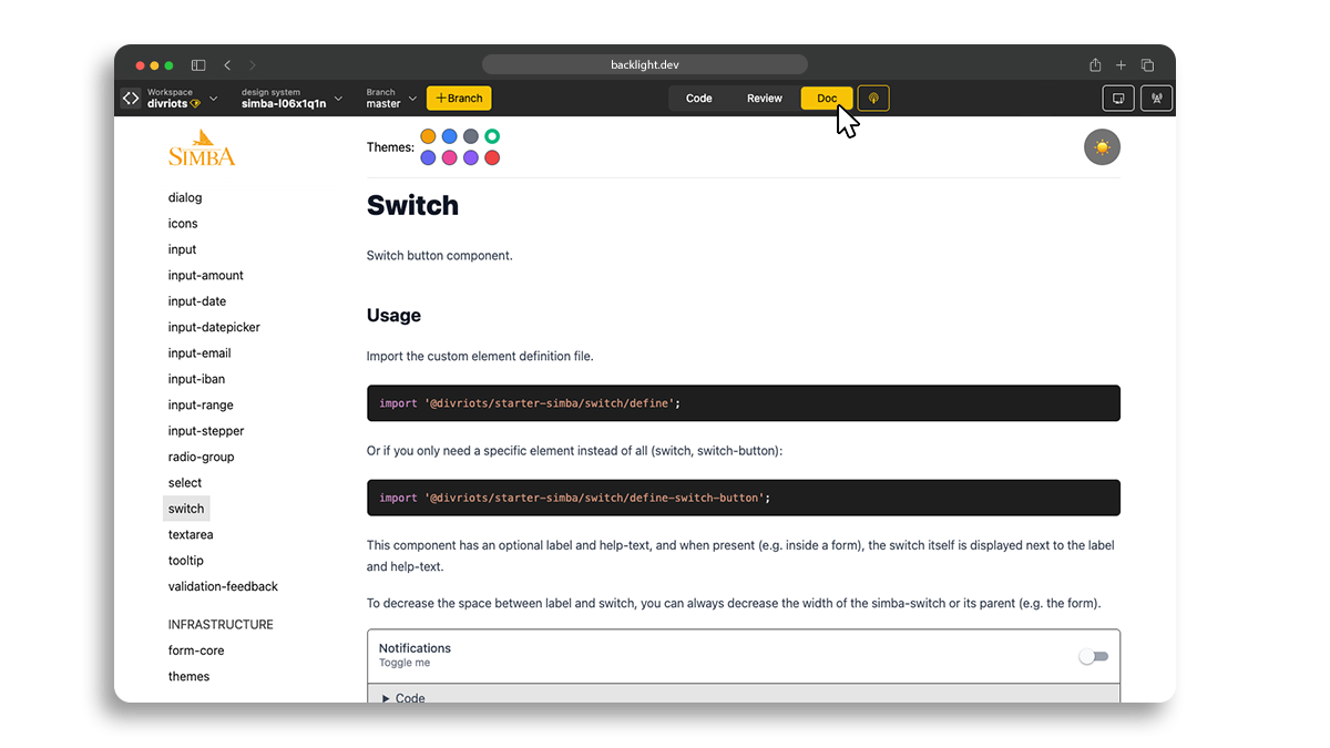 Screenshot of the documentation from Simba in the Backlight interface