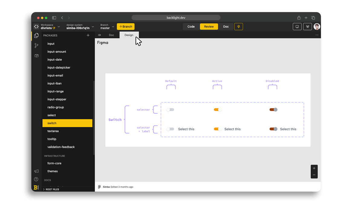 Screenshot of the Figma integration in Simba in the Backlight interface