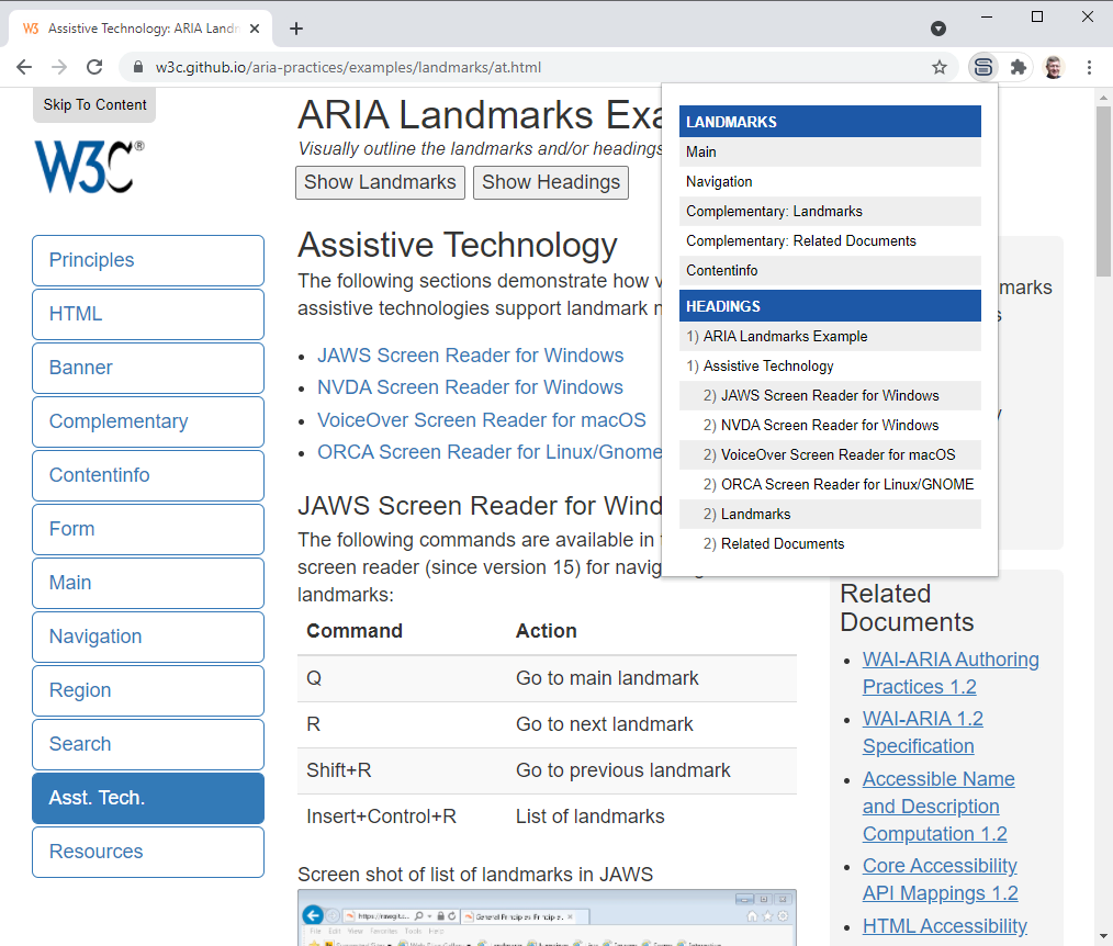 Screenshot of list of landmarks and Headings, image from https://www.w3.org/TR/wai-aria-practices/examples/landmarks/at.html