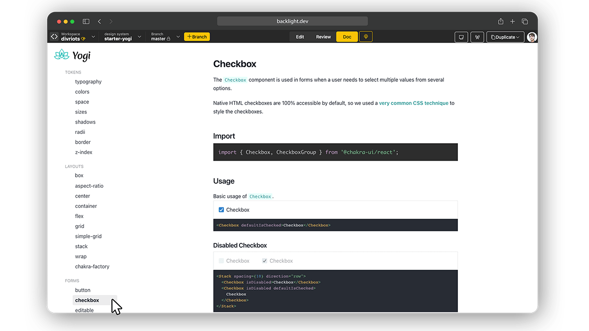 The checkbox component documentation in Yogi