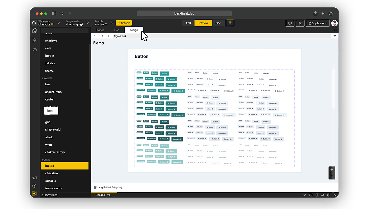 The Figma integration preview at Backlight showing the button component variants