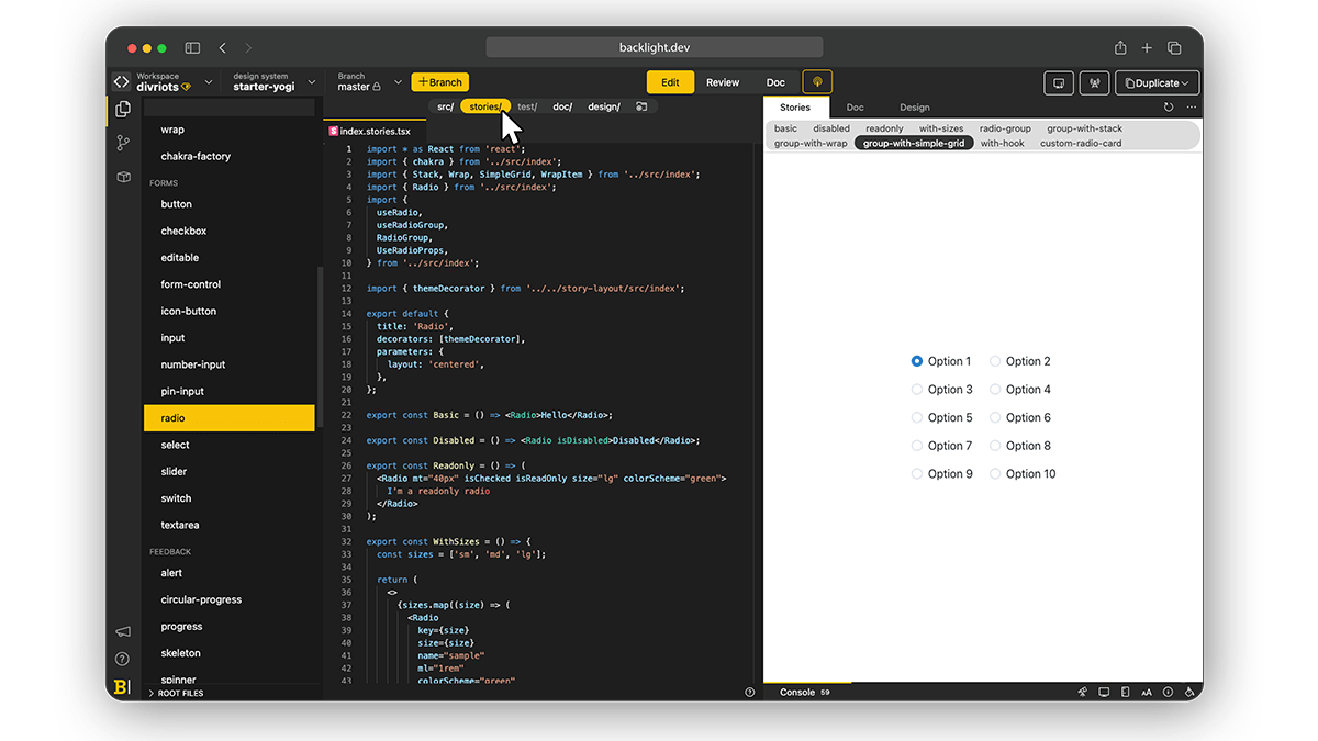 The radio component in Yogi with code and stories preview at Backlight.dev
