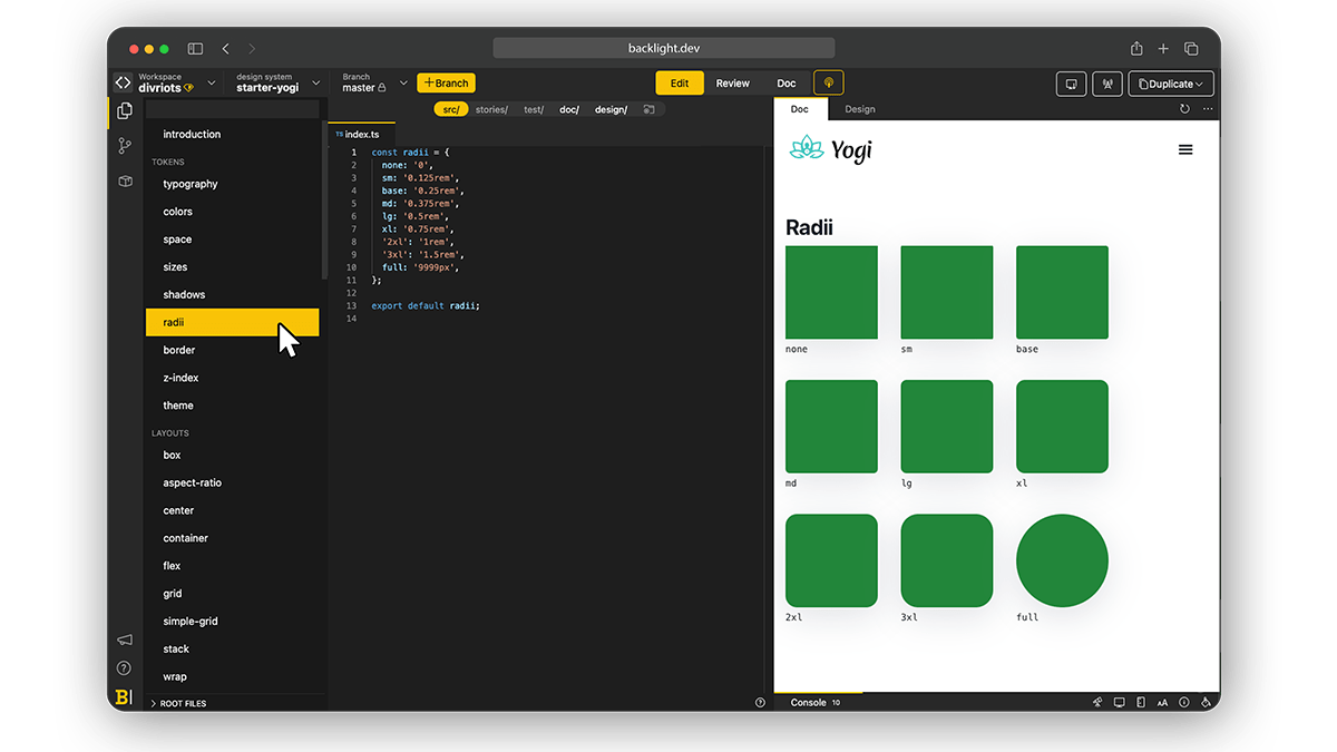 The  Design Tokens code and preview in Yogi at Backlight.dev