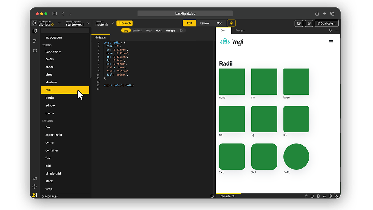 The Radii Design Tokens code and preview in Yogi at Backlight.dev