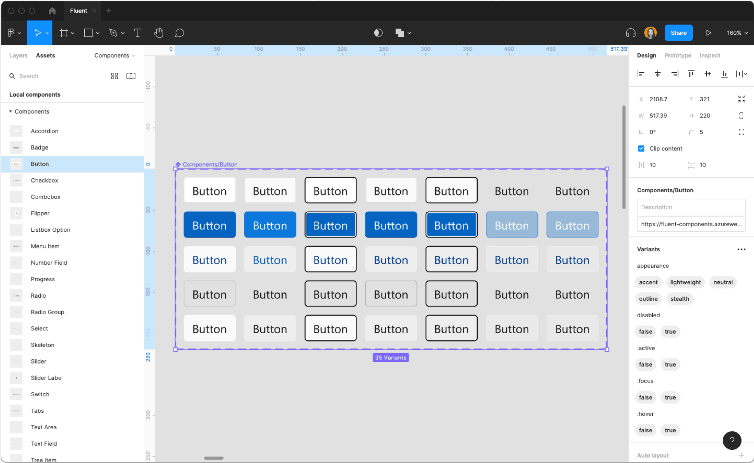 Screenshot of a button components' UI kit on Figma
