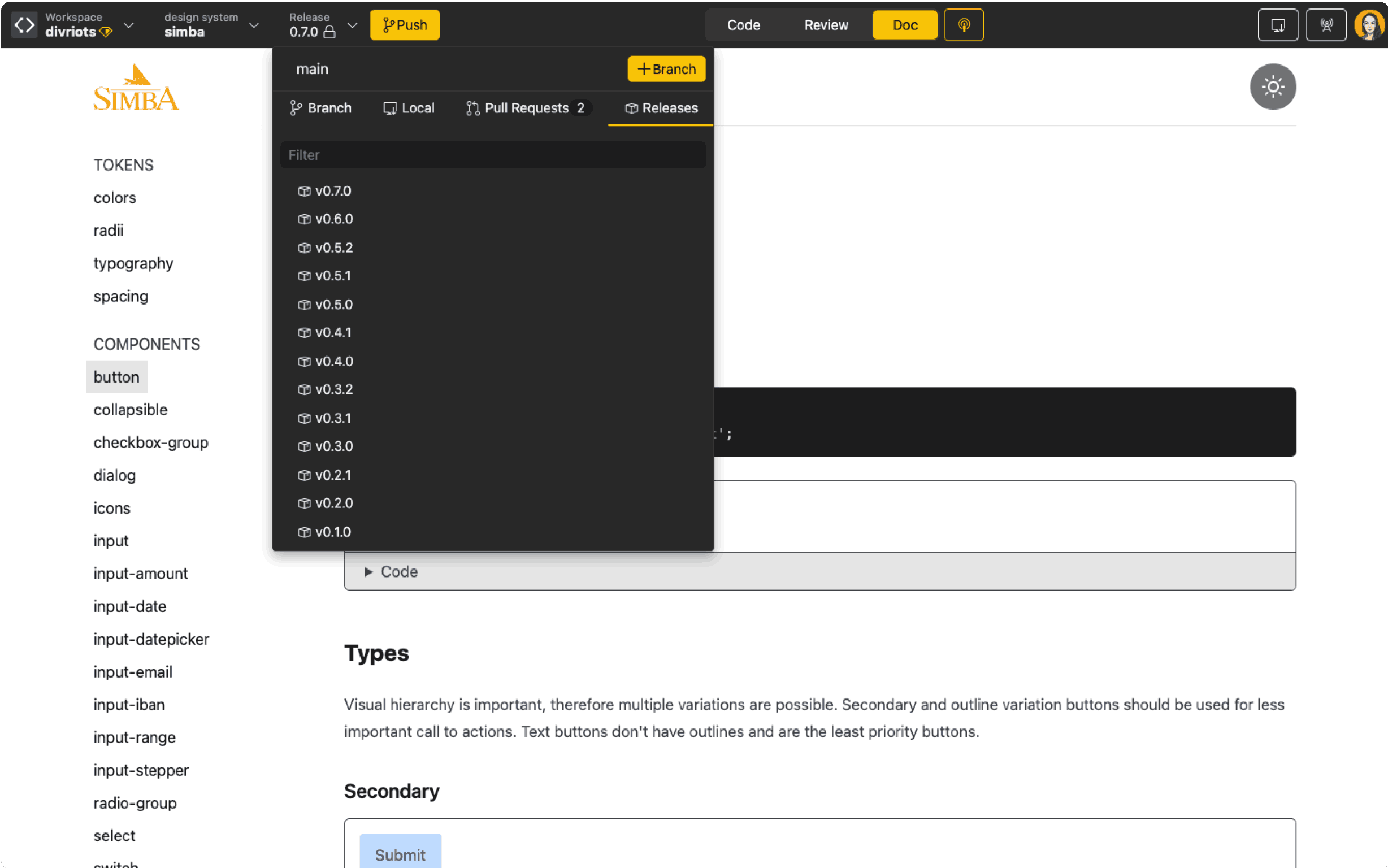 Screenshot of Backlight showing Simba's documentation along with a list of the released versions