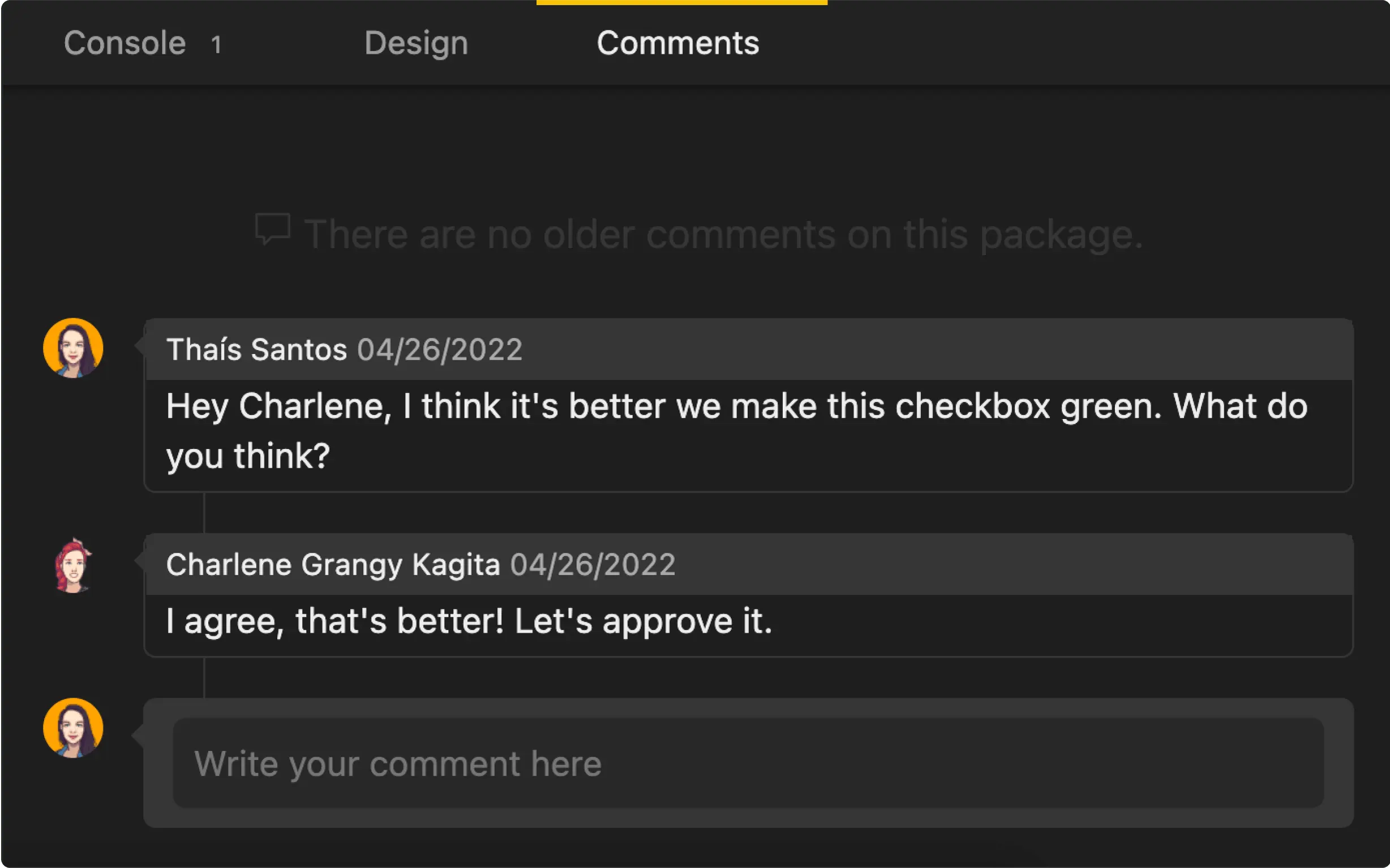 Screenshot showing the comment section open with users discussing the changes made on a component