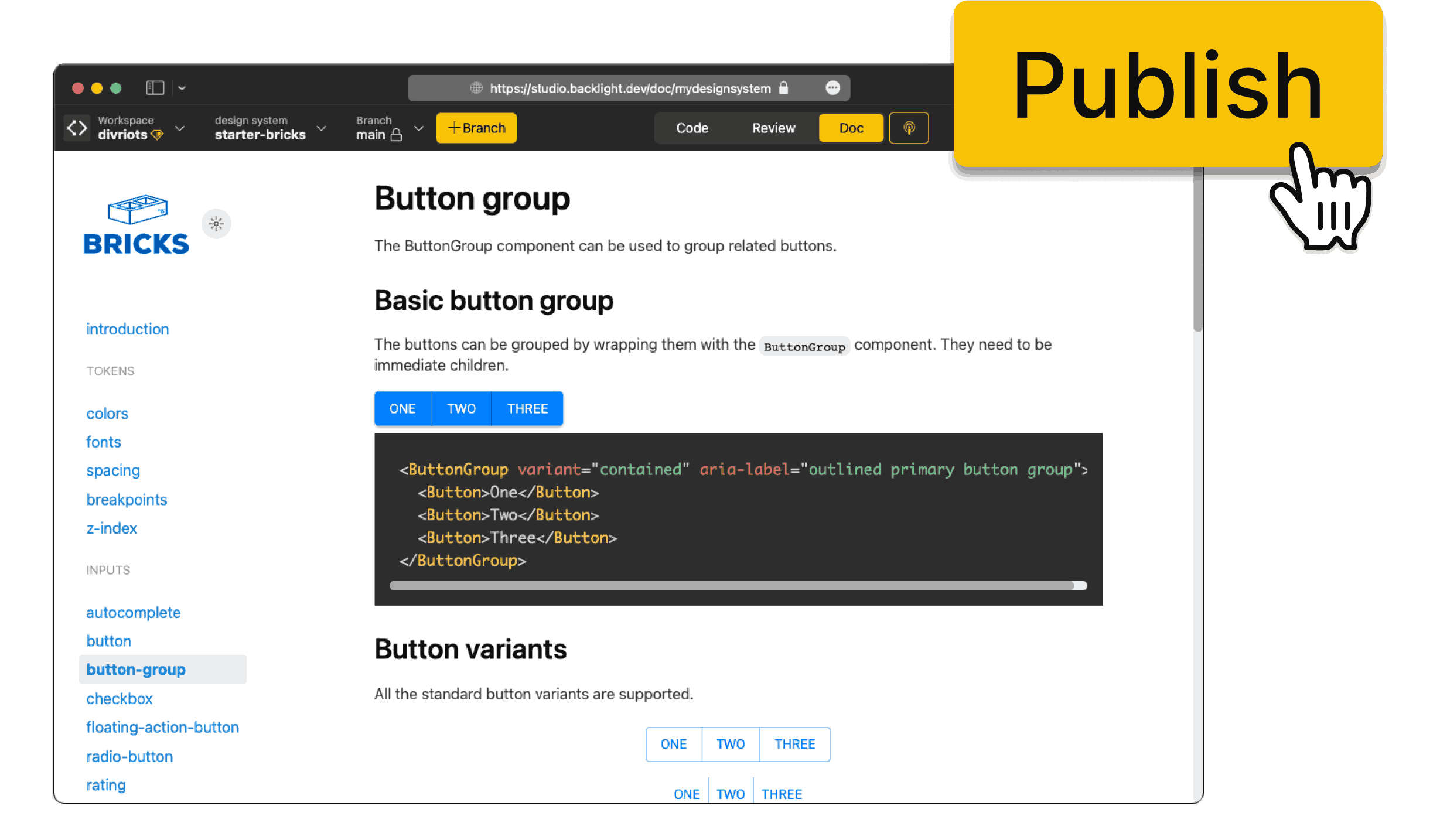 A screenshot of Backlight showing the documentation of Bricks design system starter kit. Over it, an enlarged "Make public" button with a cursor on it.