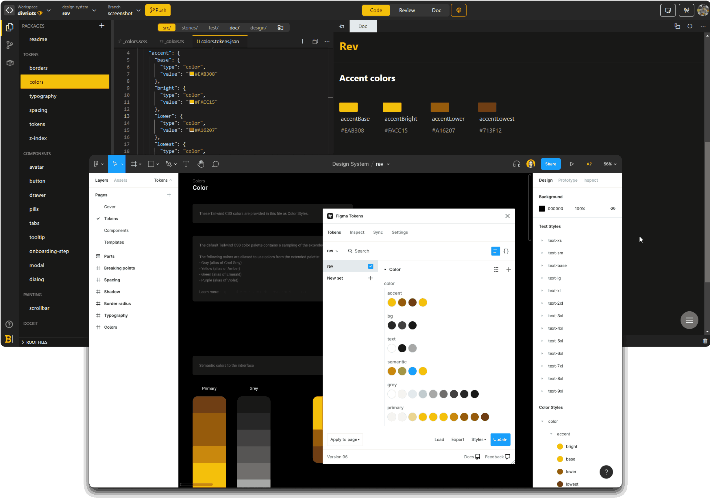 Screenshot of Backlight and Figma showing synchronized design tokens