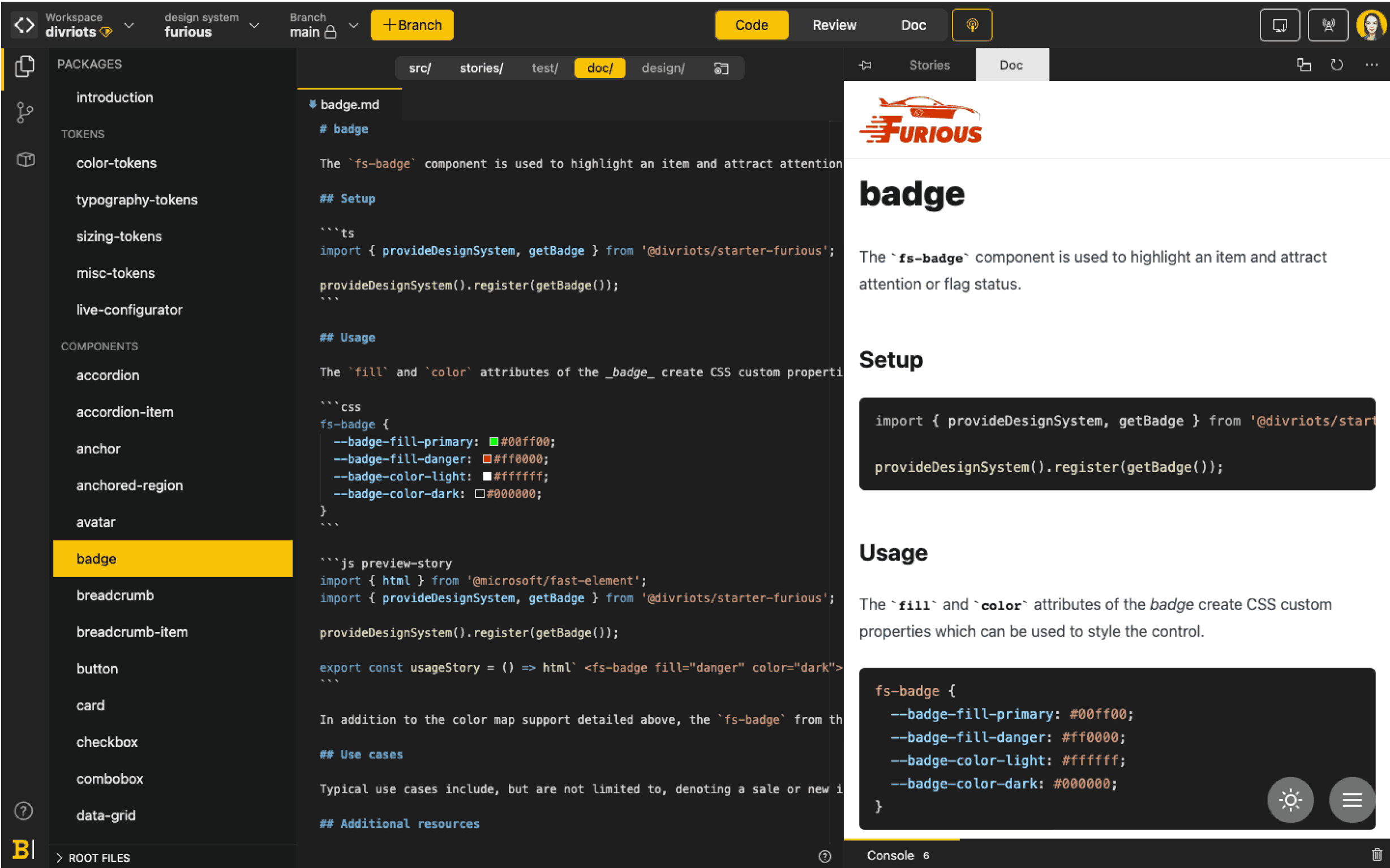 Screenshot of Backlight showing the documentation of the Furious starter kit, written in markdown