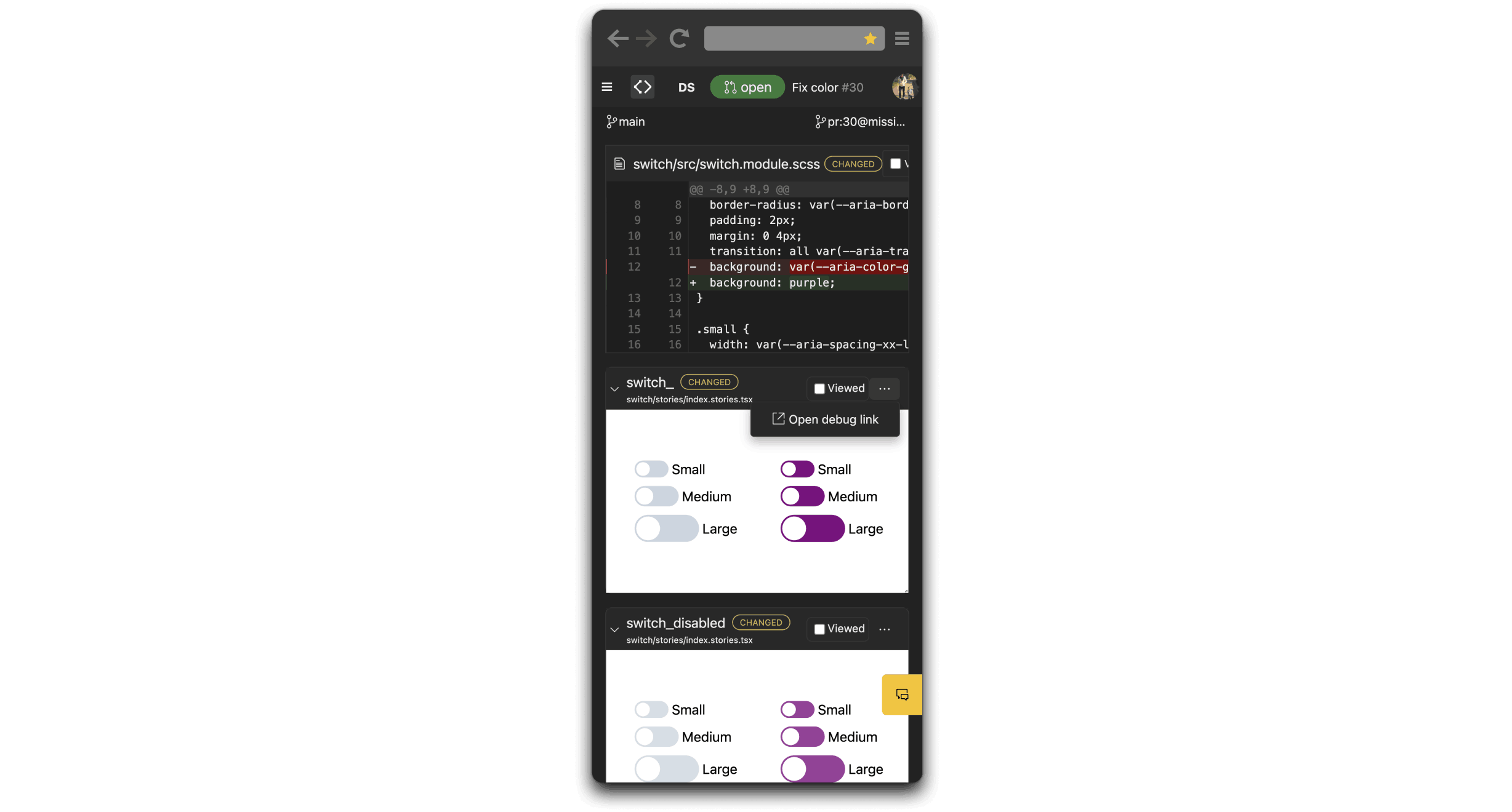 Screenshot of Backlight showing a component's last committed visual aspect and its current visual aspect side by side