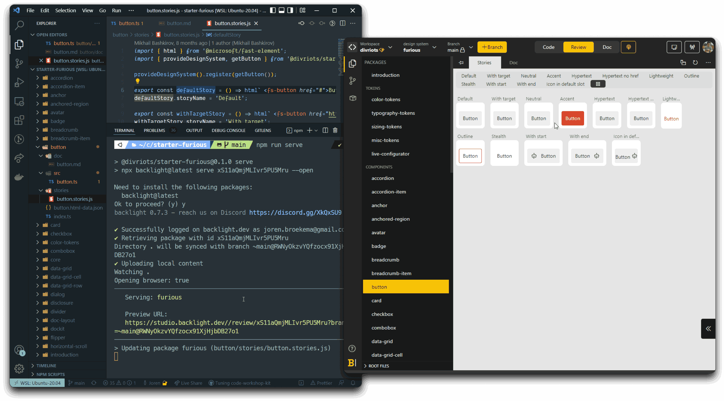 Screenshot of a VScode window containing some of the Simba starter kit's code next to a Backlight window containing some of the Simba starter kit's documentation.