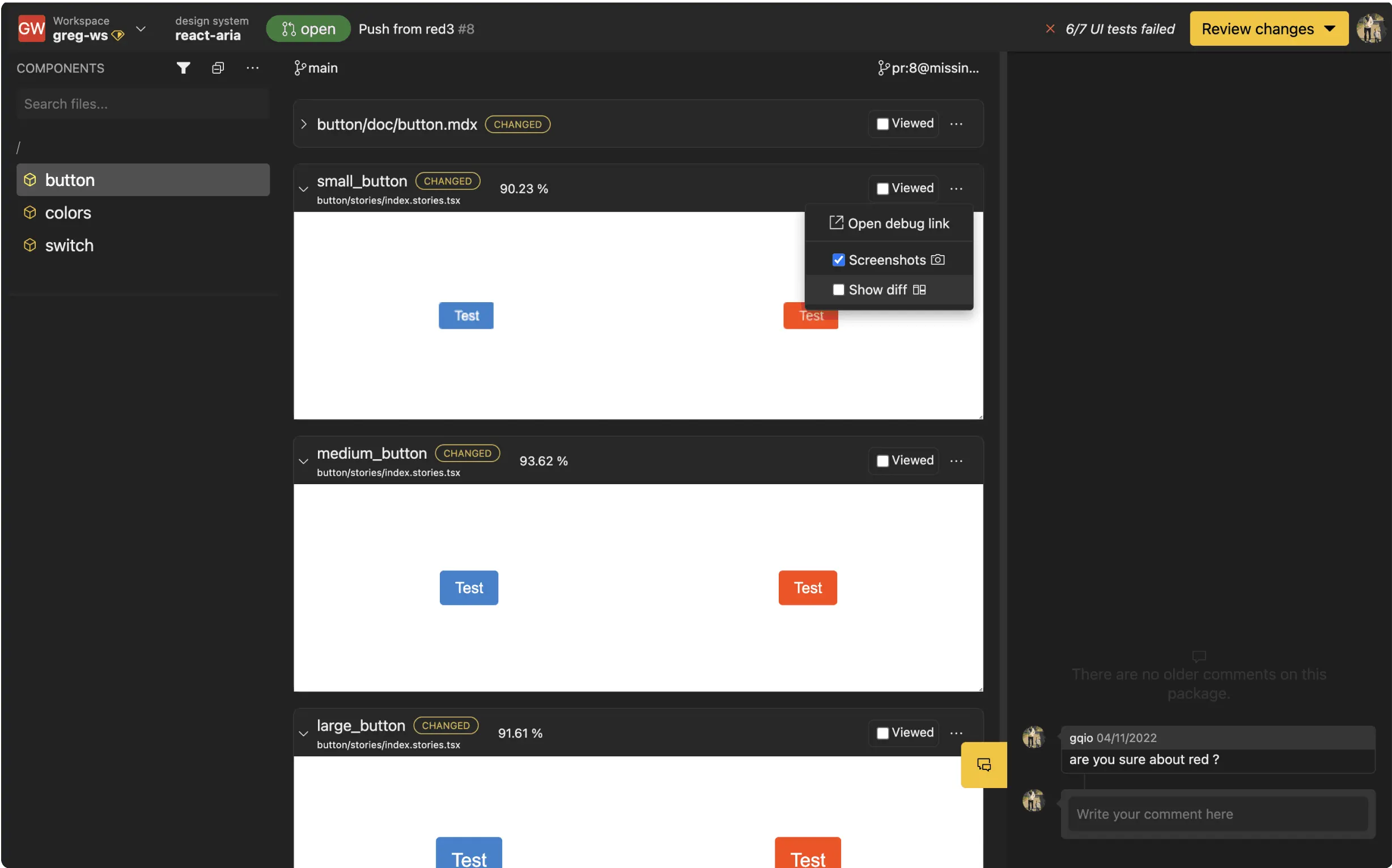 Screenshot of Backlight showing a component's last committed visual aspect and its current visual aspect side by side