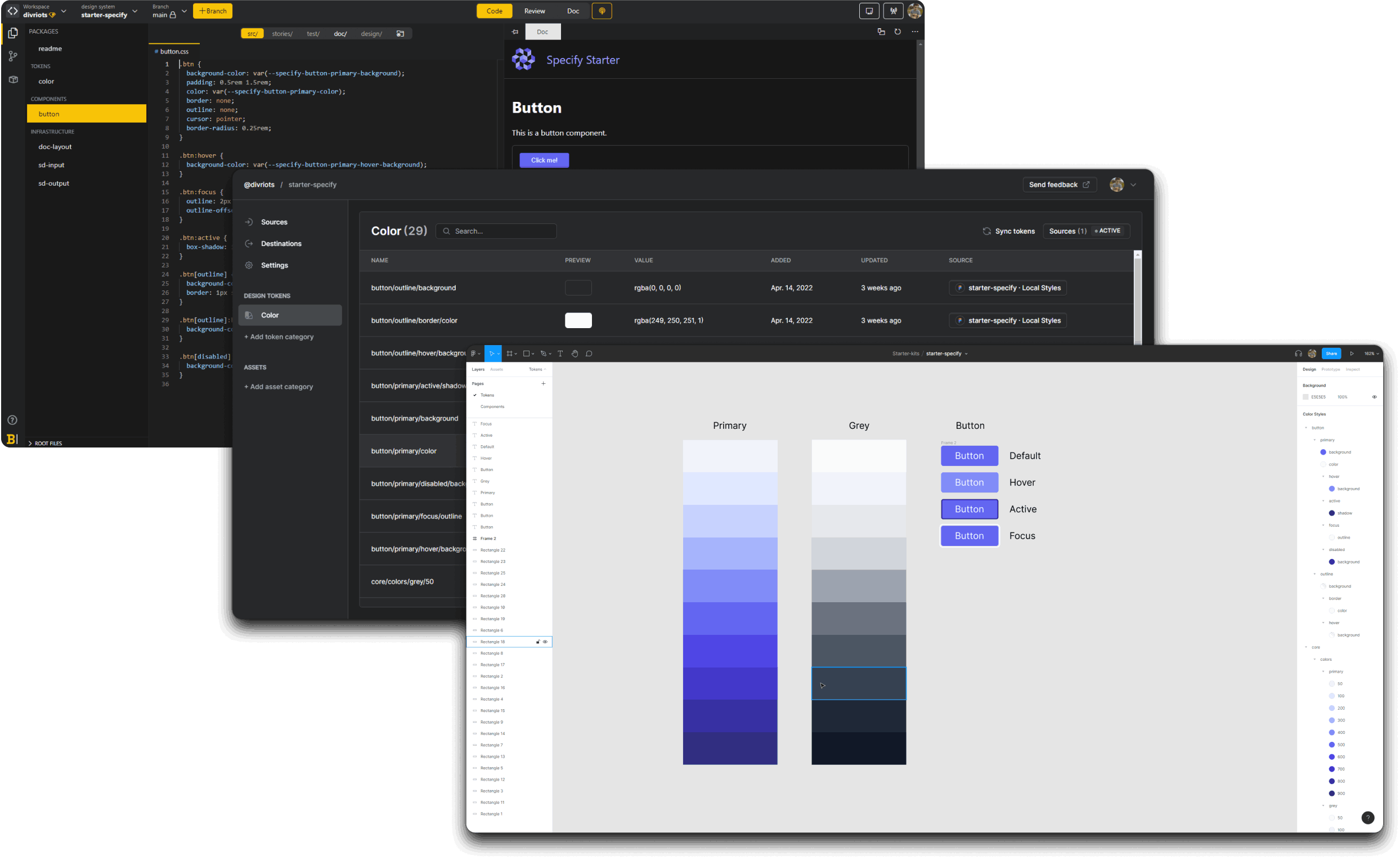 Backlight, Specify and Figma screenshots showing synchronized design tokens