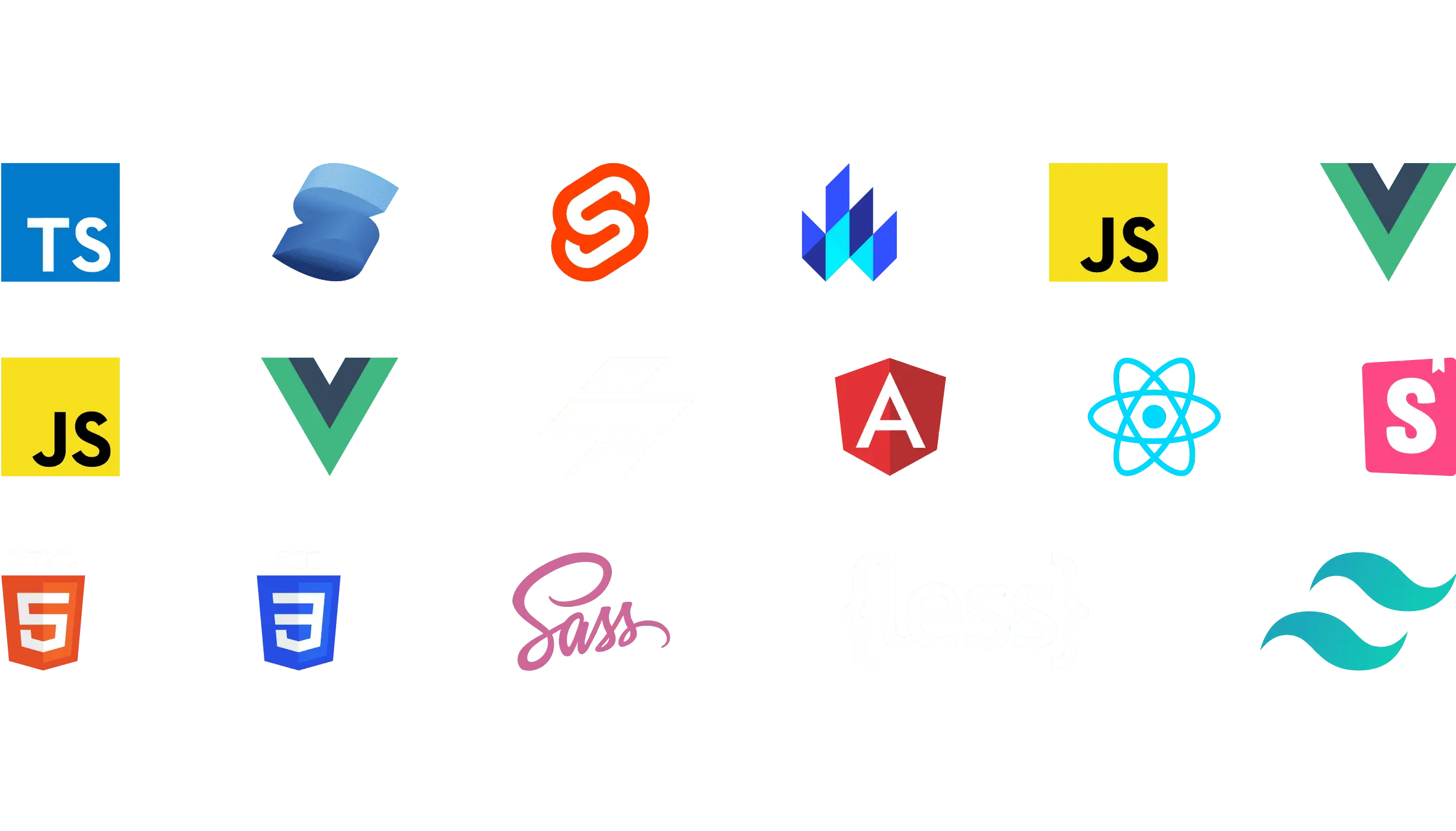 Logos of Typescript, Solid, Lit, Javascript, Vue.js, Stencil, Angular, Storybook, Adobe, Svelte, HTML5, CSS3, React, Sass, Less and Tailwind