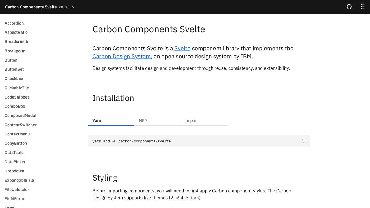 Screenshot of Carbon Components Svelte