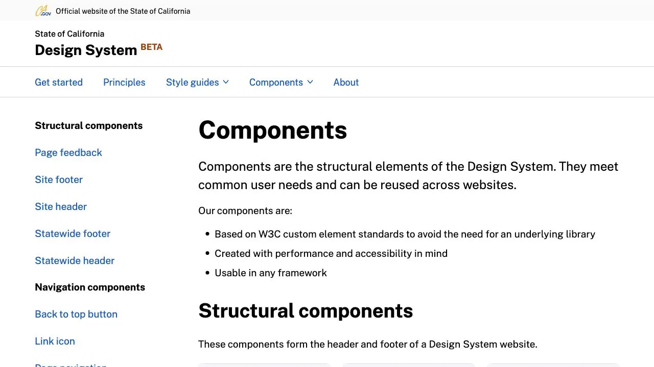 Front page screenshot of State of California Design System