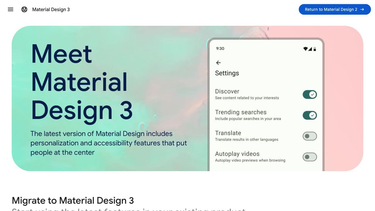 Front page screenshot of Material Design 3