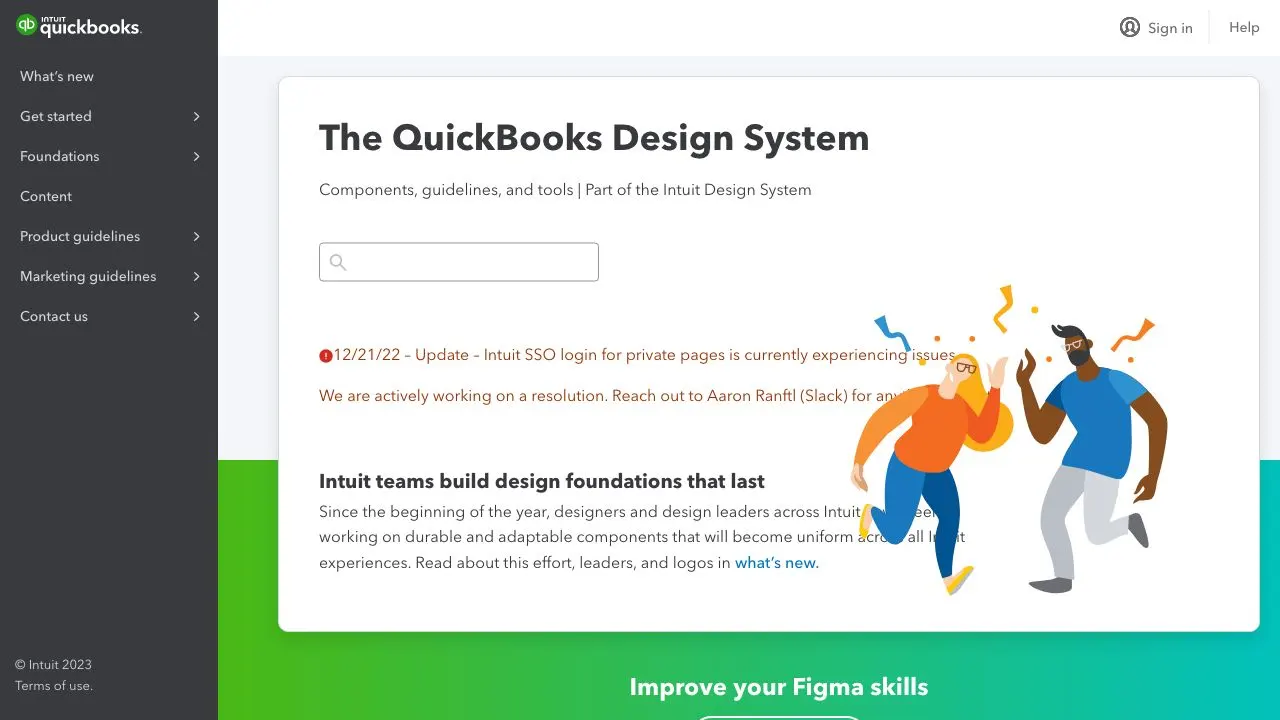 Front page screenshot of Quickbooks Design System
