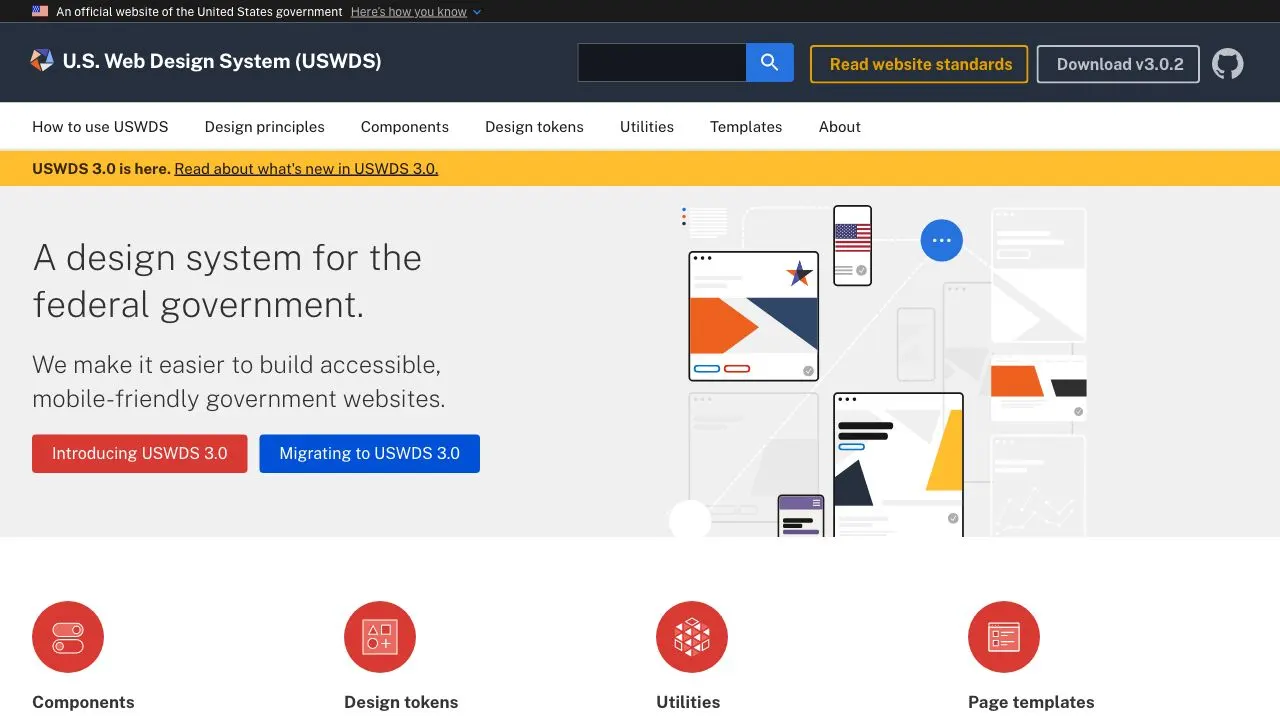 Front page screenshot of U.S. Web Design System (USWDS)