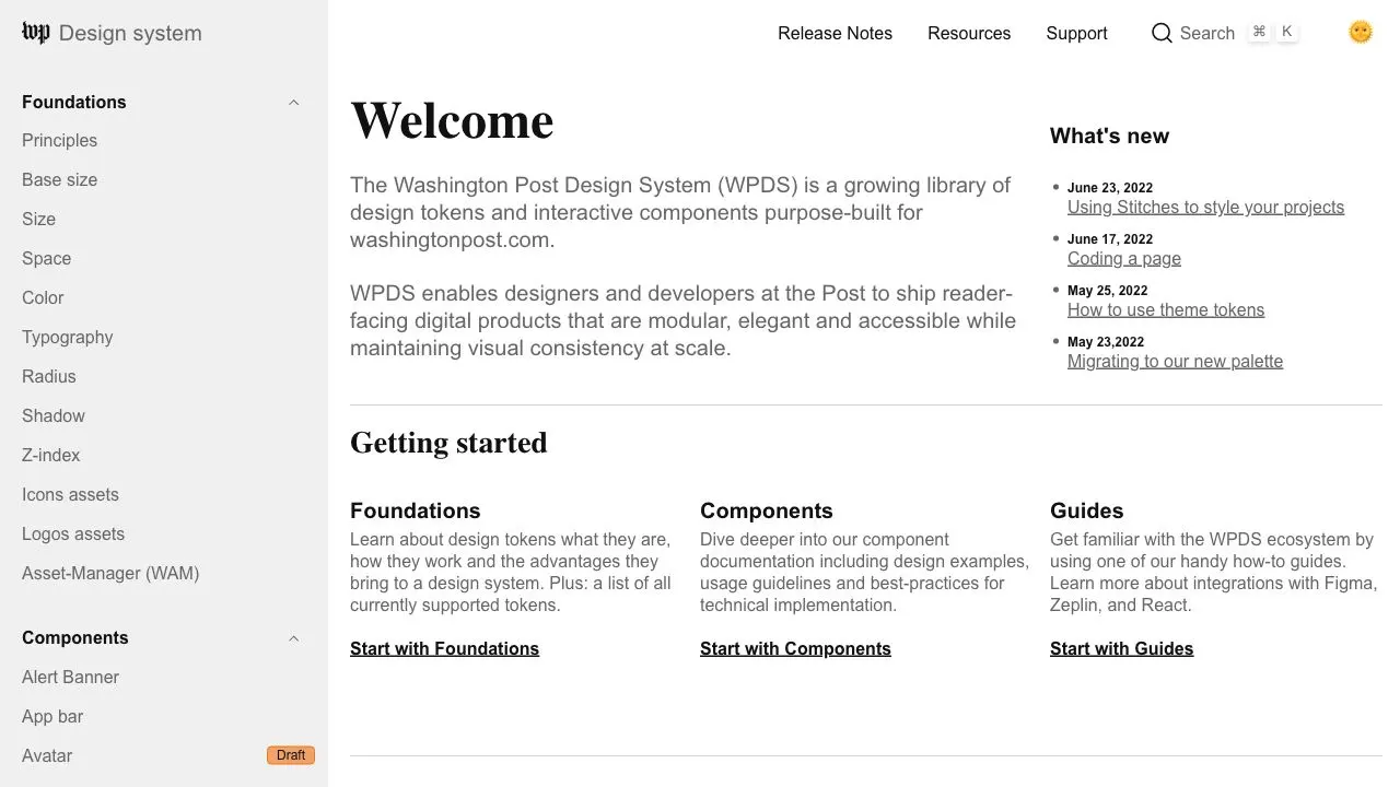 Front page screenshot of Washington Post Design System (WPDS)
