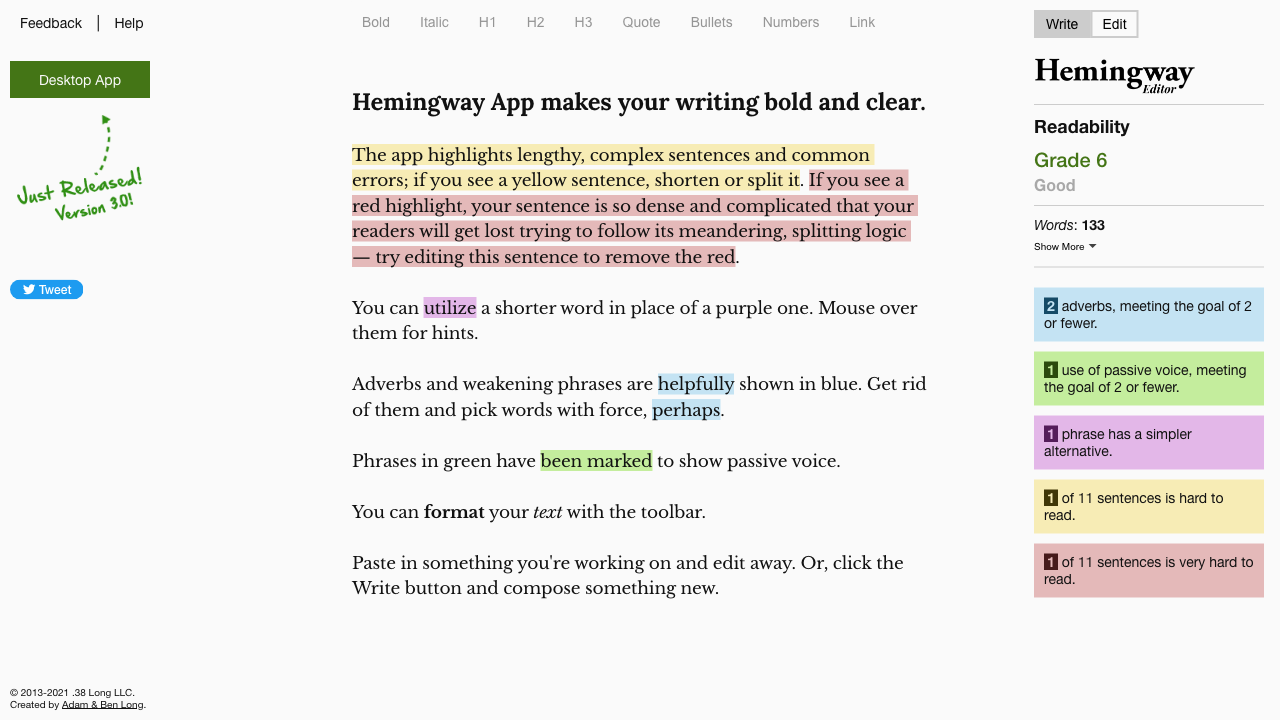 Screenshot of Hemingway app
